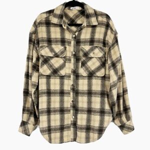 In Loom Plaid Shacket Beige Brown Oversized Button Down Shirt Jacket Small